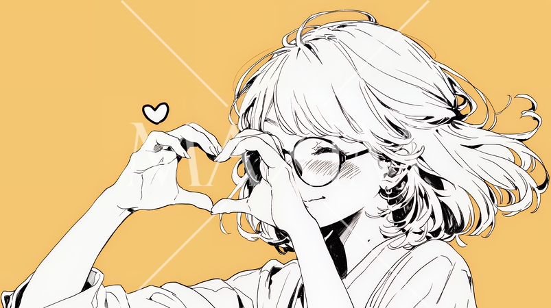 ハートマークを手で作り愛情表現をしている若い女性（シンプルな色使い）