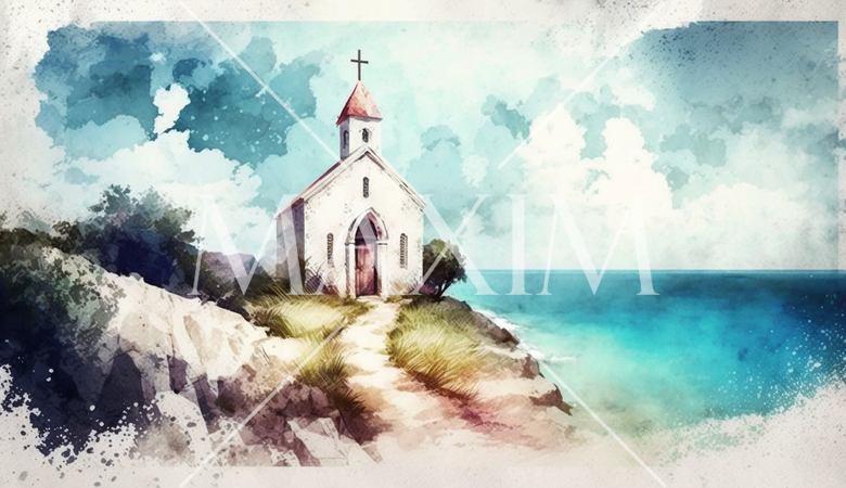 海辺に建つ教会（チャペル）の水彩画
