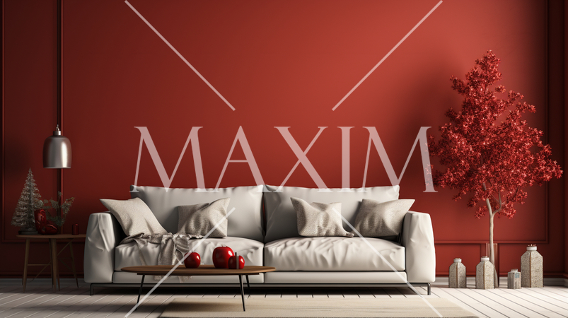 クリスマスツリー飾りのある赤色基調の居間