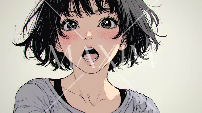 驚愕して息を呑み、目を見開いたまま口をぽかんとする若い女性