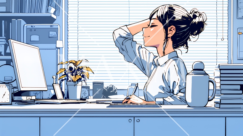 仕事の合間にストレッチ（伸び）をする女性