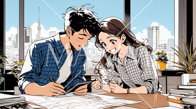 仲良く二人で旅行の計画を立てている若いカップル