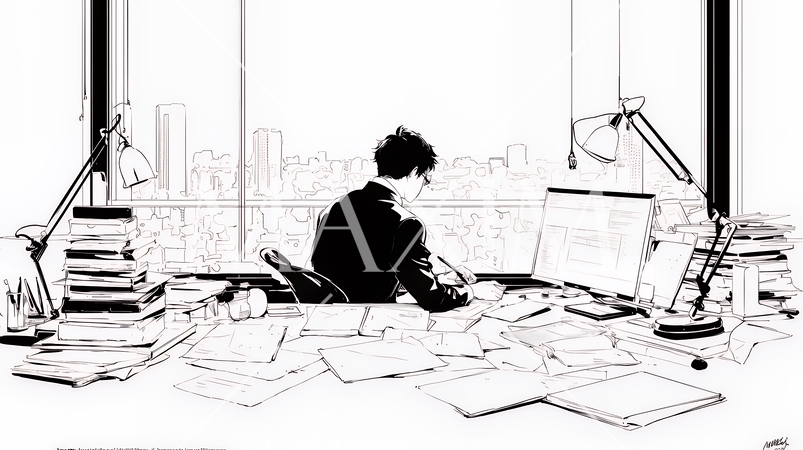 資料作成を行っている男性（シンプルな色使い）