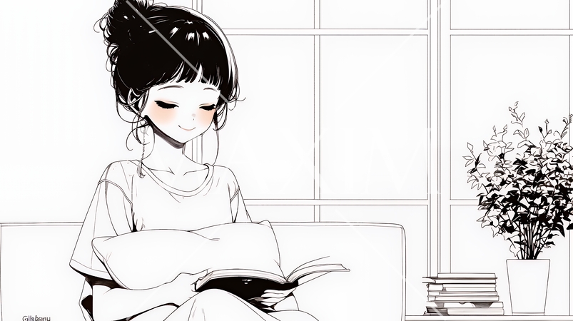 ソファでクッションを抱えてくつろぐ若い女性（シンプルな色使い）