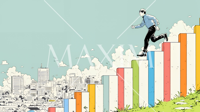 棒グラフの都会の町並みを駆け抜けるビジネスパーソン