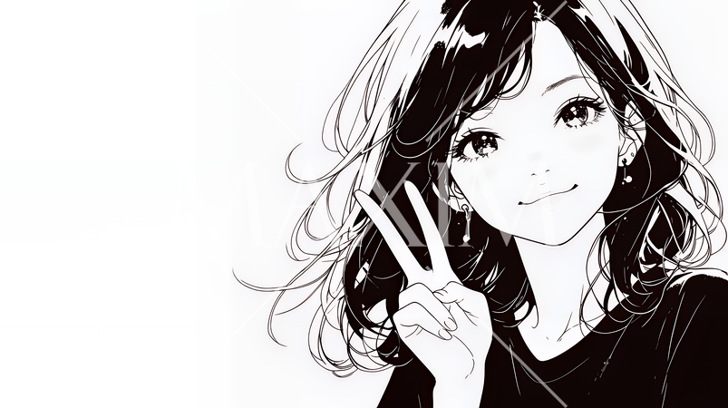 笑顔でピースサインを見せる若い女性（シンプルな色使い）
