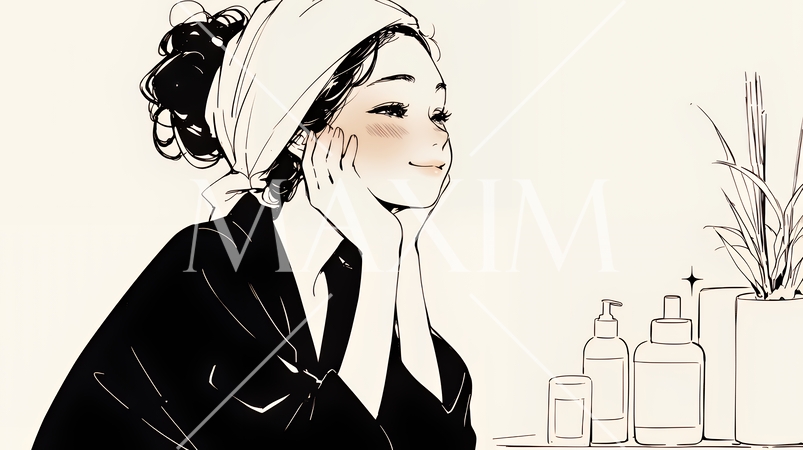 スキンケアを念入りに行う若い女性（シンプルな色使い）