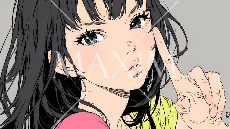 フィンガーガン（指でっぽう）を構えている若い女性