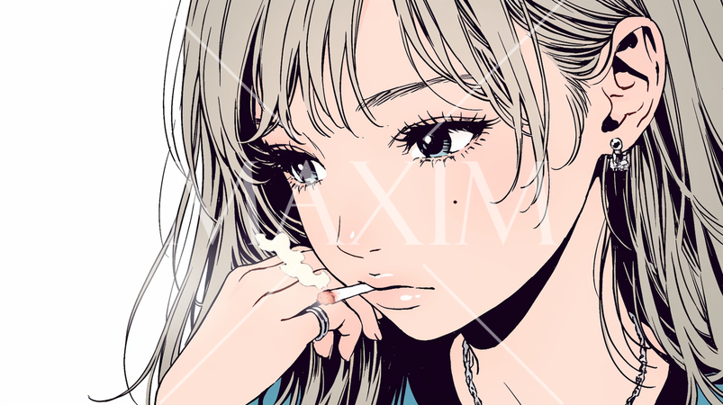 くわえたばこで喫煙している若い女性