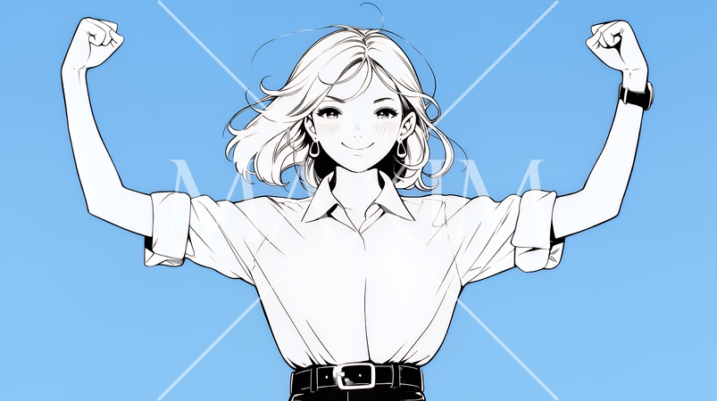 ガッツポーズ（拳を握って力強く）をしているビジネスウーマン（シンプルな色使い）