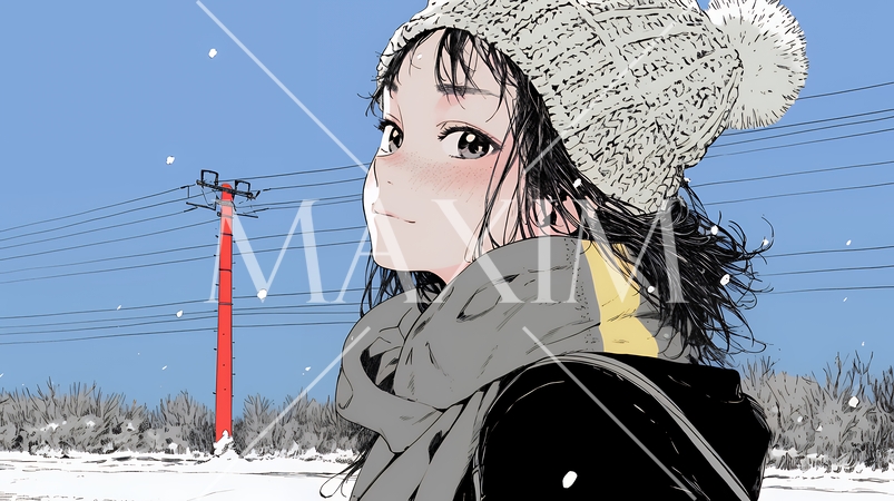雪の積もる田舎道を歩いている若い女性
