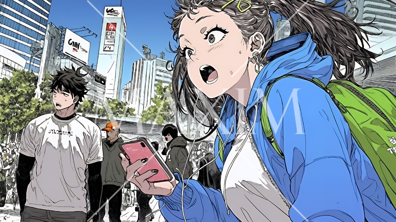 スマホの画面を見て驚いている若い女性