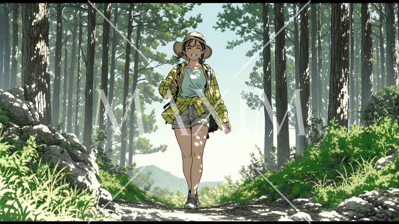 初夏の森でトレッキングを楽しむ若い女性｜新緑とアウトドアの爽やかなライフスタイル