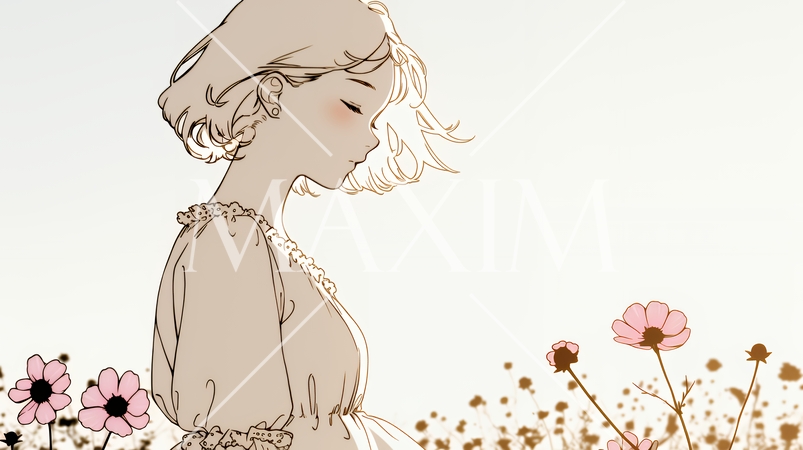 コスモス畑にいる若い女性（シンプルな色使い）