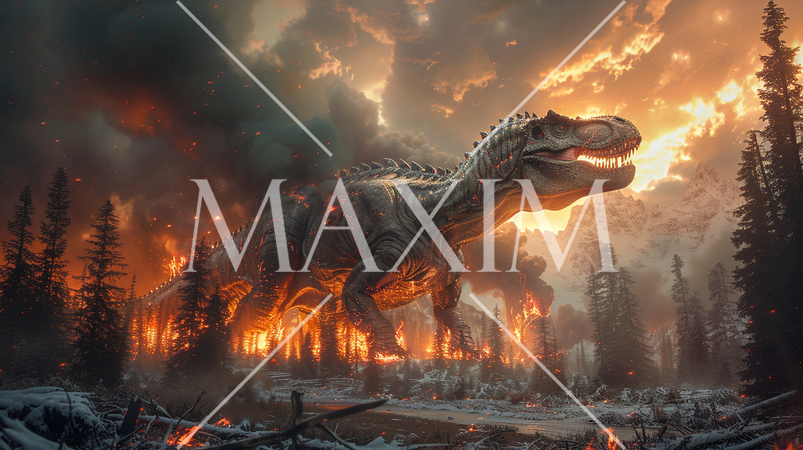 6500万年前、巨大隕石衝突による大森林火災と大寒波に見舞われている恐竜：精緻CG