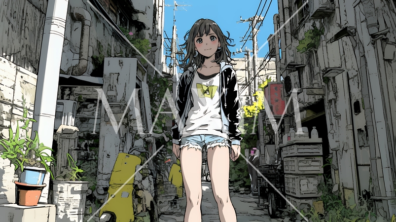 都会の治安の悪そうな場所にいる若い女性