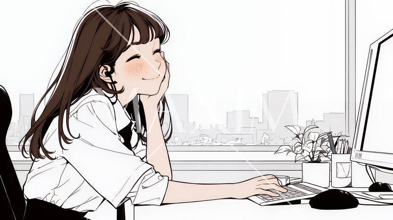 職場のデスクでパソコンに向かって仕事をしているビジネスウーマン（シンプルな色使い）