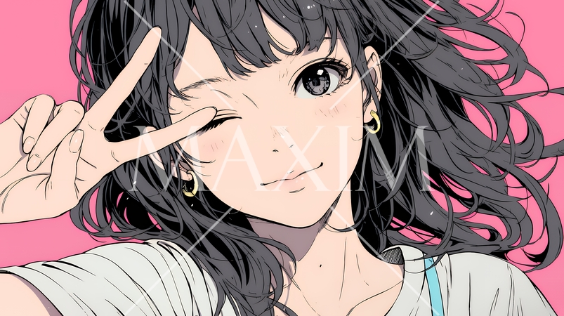 アイドルのように顔の横でピース＋ウィンクしている若い女性