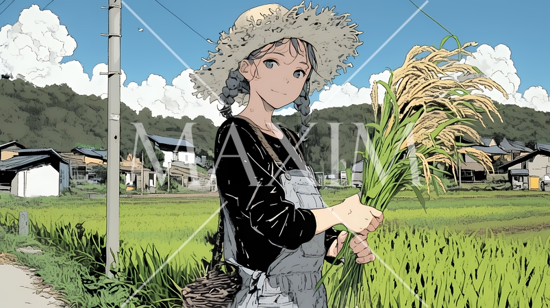 田んぼで農作業をしている女性