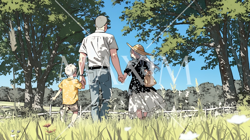 仲の良い家族：父親、母親、その子どもが仲良く連れ立って歩いている