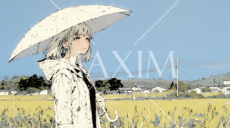 雨の中を傘をさして歩く若い女性