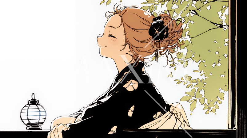 浴衣姿で夕涼みをしている若い女性（シンプルな色使い）