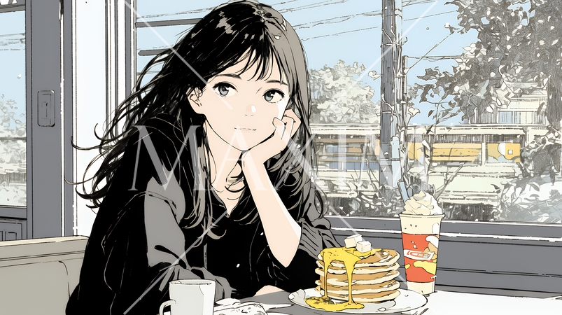 早朝のダイナー（喫茶店）でパンケーキ（モーニングセット）を食べる若い女性