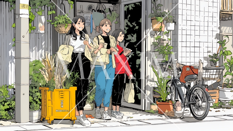 道端で会話を楽しむ若い主婦たち（ママ友たち）