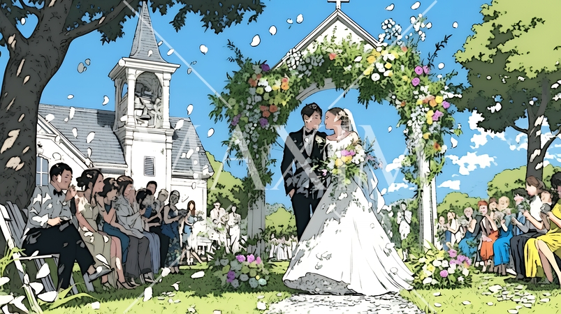 晴天の日のウェディングベルの鳴り響く中の結婚式