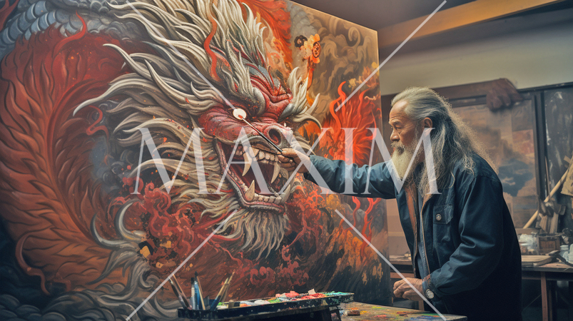 ことわざ「画竜点睛を欠く」：絵師がすばらしい龍の絵を描いて最後に目を描こうとしている瞬間。