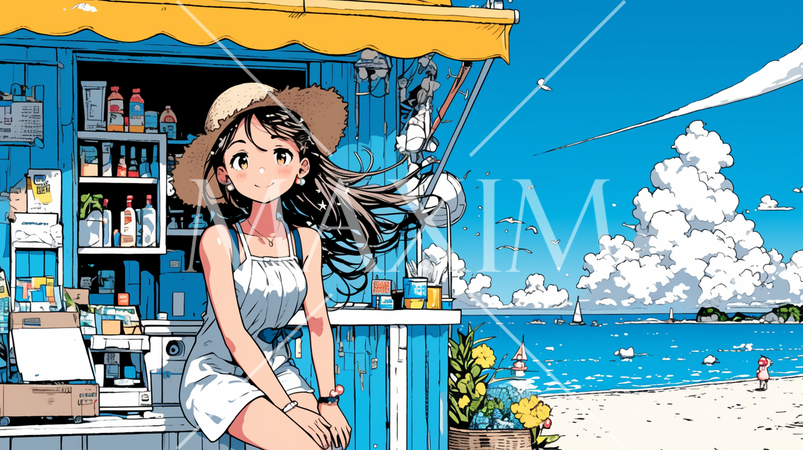 海辺の喫茶レストランで飲み物を飲んでいる若い女性