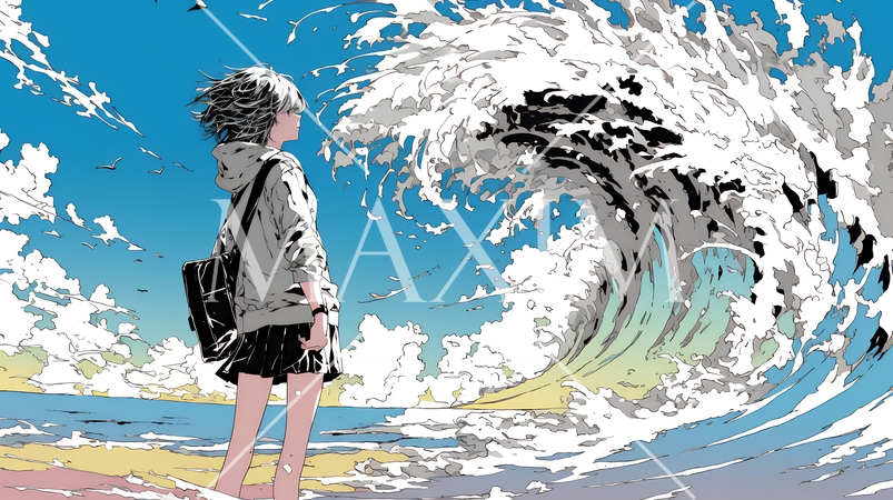 大波を見ている少女：困難に立ち向かう決意