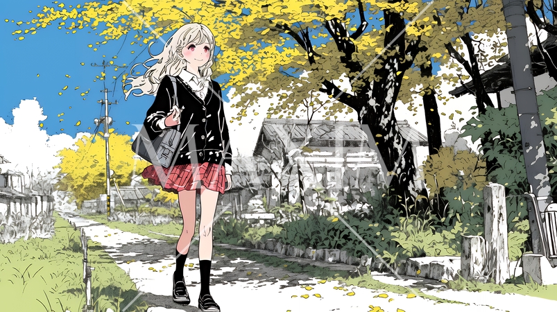 紅葉の小径を歩く若い女性