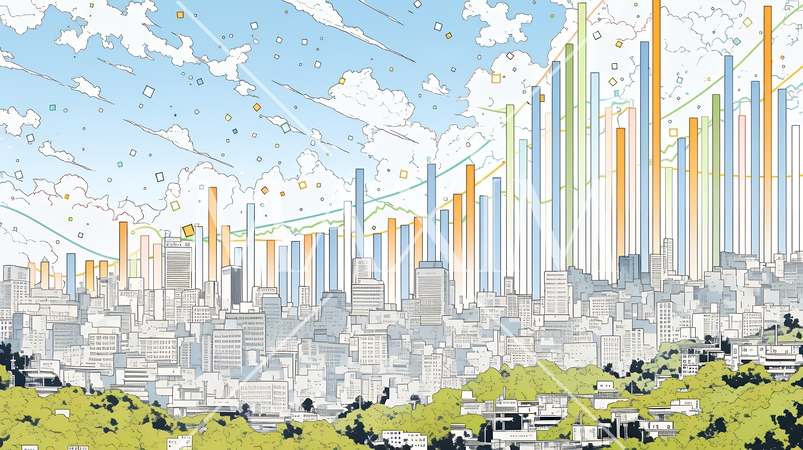 様々なチャートや数値表など様々な計量指標がランダムに空間に散りばめられた背景