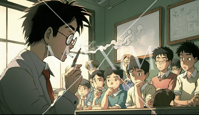 論語読みの論語知らず：小学校で生活指導をしている先生が、生徒の前でタバコをくわえて教壇に立っている