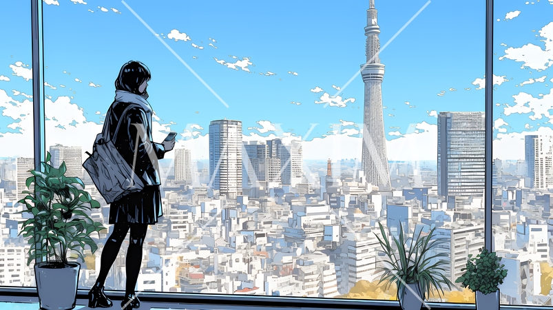 高層ビル群を見下ろすキャリア女性