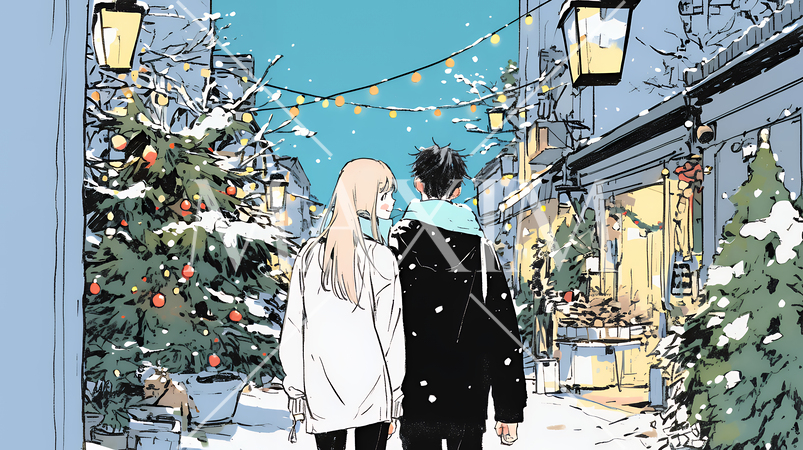 クリスマスイルミネーションの街でデートしているカップル