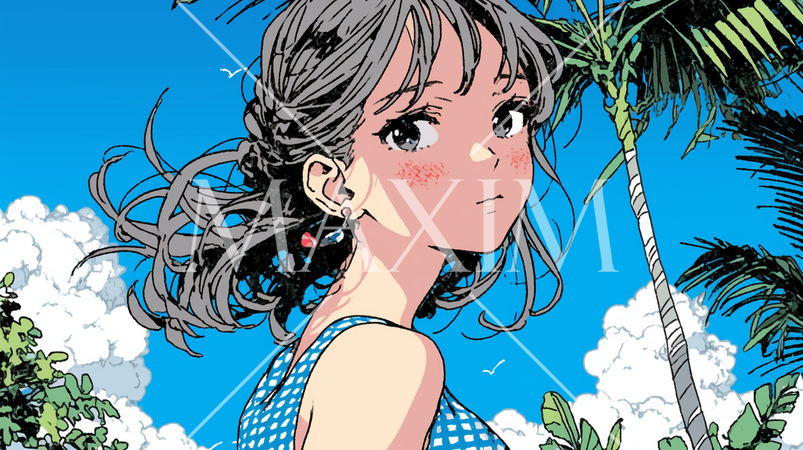 晴れた夏の日、若い女性が沖縄の山を散策中