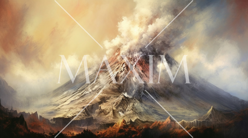 火山噴火：活火山が噴火している様子の水彩画