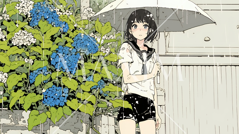 アジサイと梅雨の長雨と若い女性