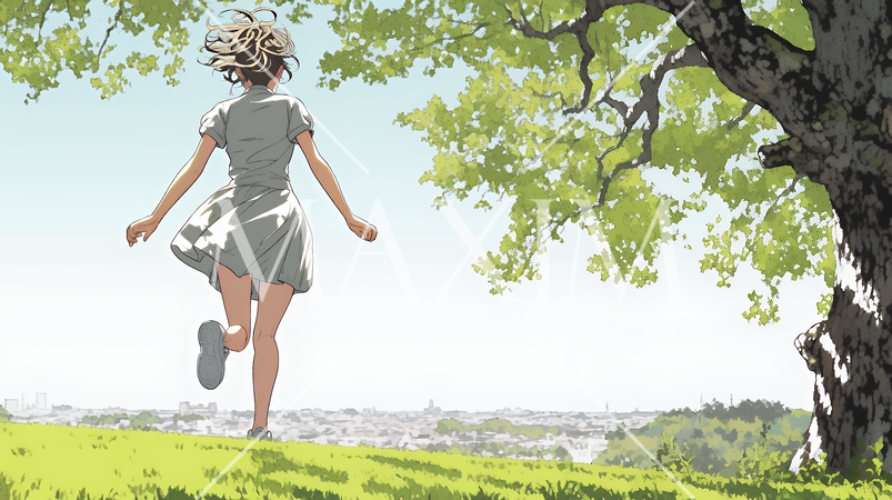 喜びにあふれ、軽やかにスキップする若い女性