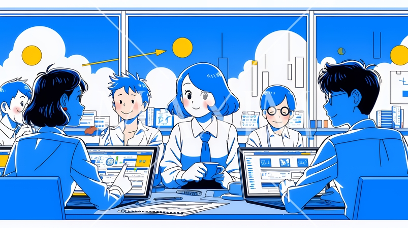 ITビジネスとクラウド技術のコンセプト｜ノートPCで働くチームとデータネットワークのイメージ