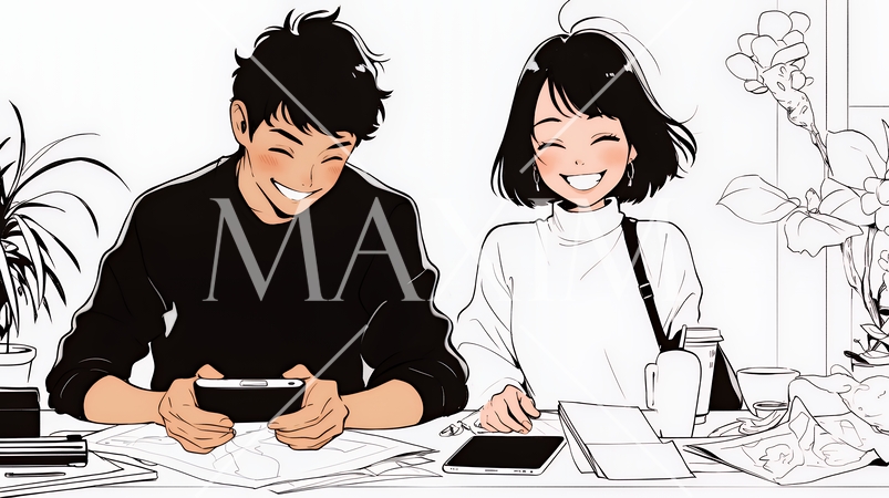 仲良く二人で旅行の計画を立てている若いカップル（シンプルな色使い）