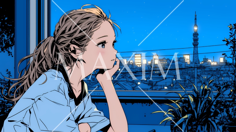 ベランダで夜風に当たりながら都会のランドスケープを眺め休む若い女性