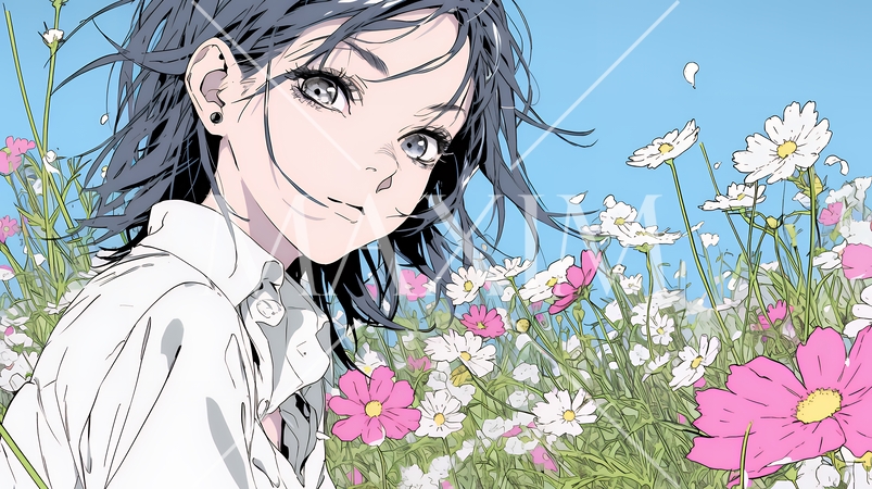 コスモス畑にいる若い女性