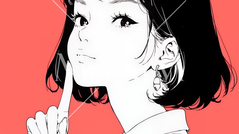 指を唇に当てて「シーShh」というジェスチャーをしている女性（シンプルな色使い）
