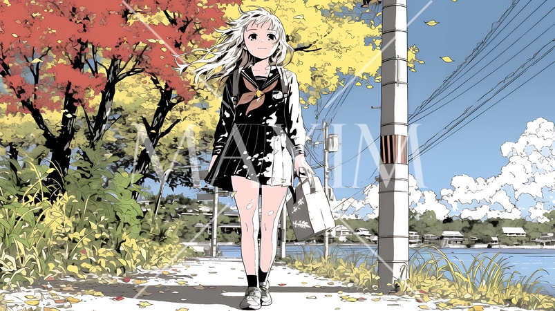 水辺の紅葉の小径を散策している若い女性