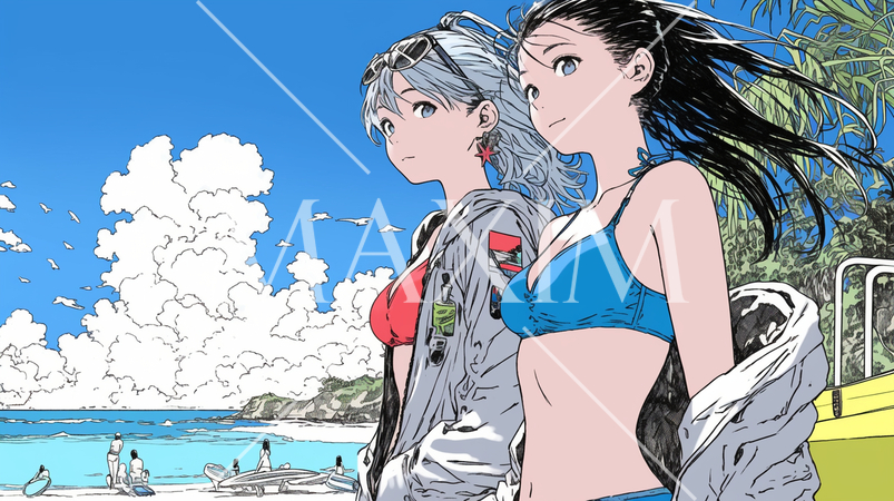 仲の良い友達同士で南国の海岸にビキニ姿でいる若い女性たち