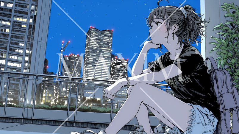 ベランダで夜風に当たりながら都会のランドスケープを眺め休む若い女性