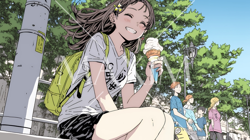 夏空の下でソフトクリーム（コーンに乗ったアイスクリーム）をたべる若い女性